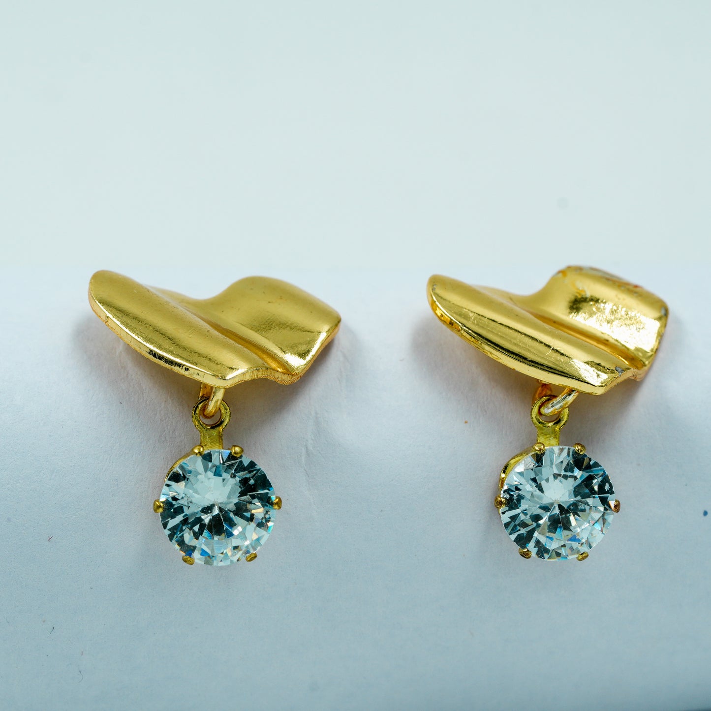 Gold-Plated Heart & Wave Stud Earrings with Sparkling Crystal Drop
