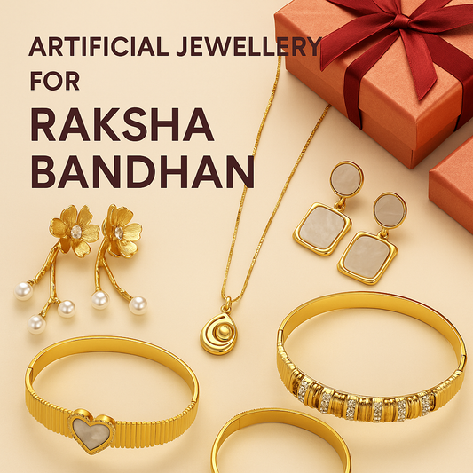 Sadbhuja artificial jewellery featuring floral earrings, pearl pendant necklace, heart-shaped bangle, and gold-toned accessories for Raksha Bandhan.