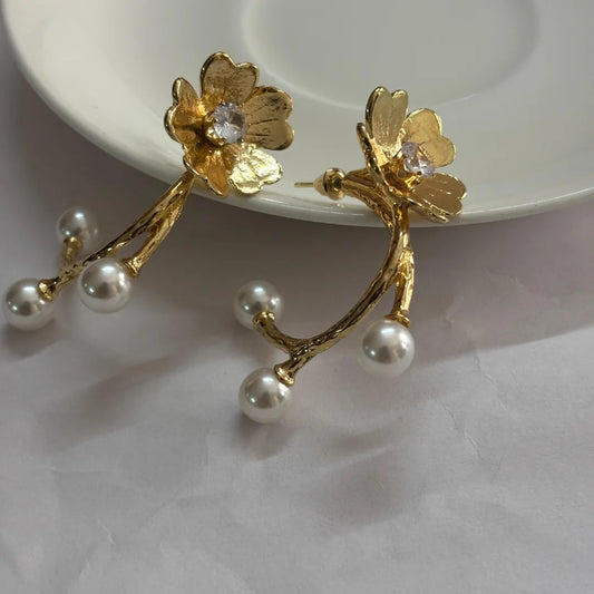 Floral Pearl Drop Earrings – Anti-Tarnish Gold Finish