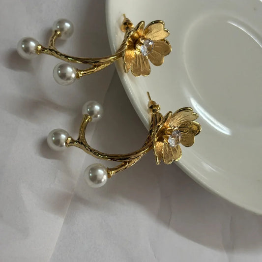 Floral Pearl Drop Earrings – Anti-Tarnish Gold Finish