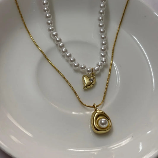 Anti-Tarnish Gold-Plated Pearl Necklace Set – Dual Layer Imitation Jewellery for Women