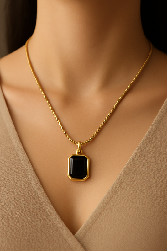 Gold Plated Black Stone Pendant Necklace for Women