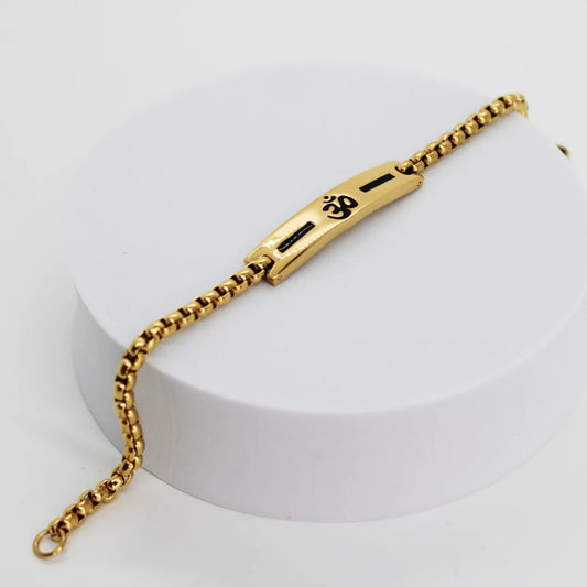 Premium Om Loose Gold Bracelet For Men With Black Line Pattern (8 Inch)